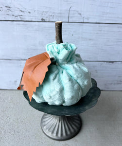 Fabric Pumpkin With Wood Stick Stem And Faux Leather Leaf