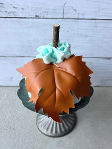 Fabric Pumpkin With Wood Stick Stem And Faux Leather Leaf