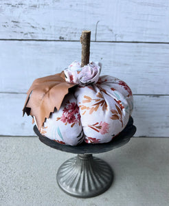 Fabric Pumpkin With Wood Stick Stem And Faux Leather Leaf
