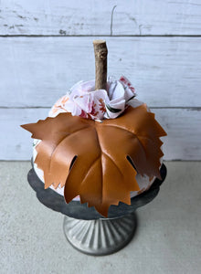 Fabric Pumpkin With Wood Stick Stem And Faux Leather Leaf