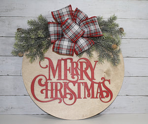 18" Round Merry Christmas Door Hanger with red/white/black plaid bow